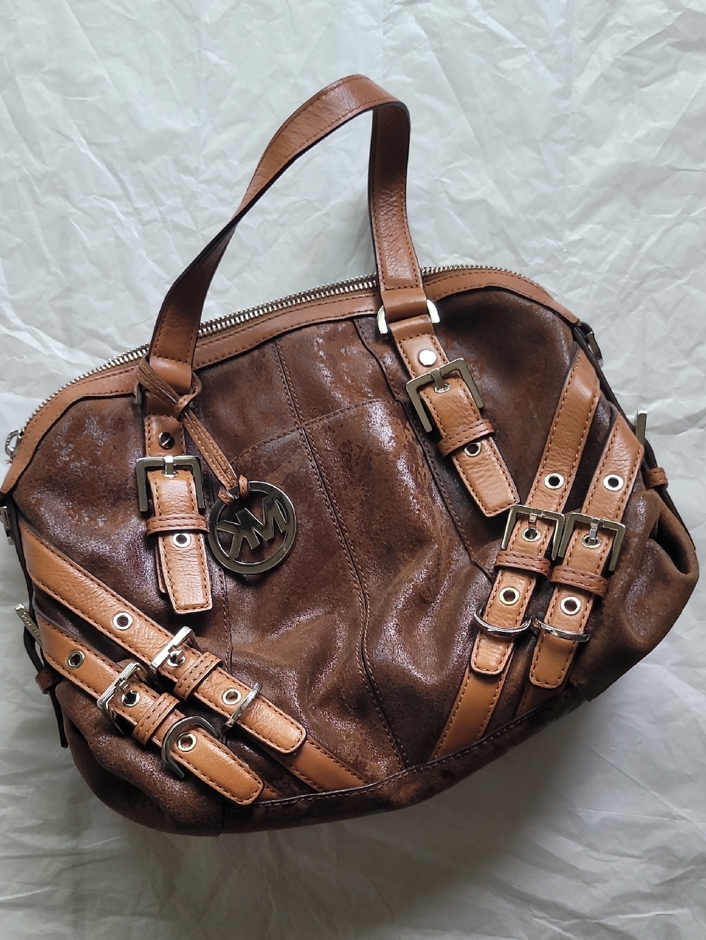 Michael Kors Distressed Suede Satchel - Silver-Toned Hardware - Brown